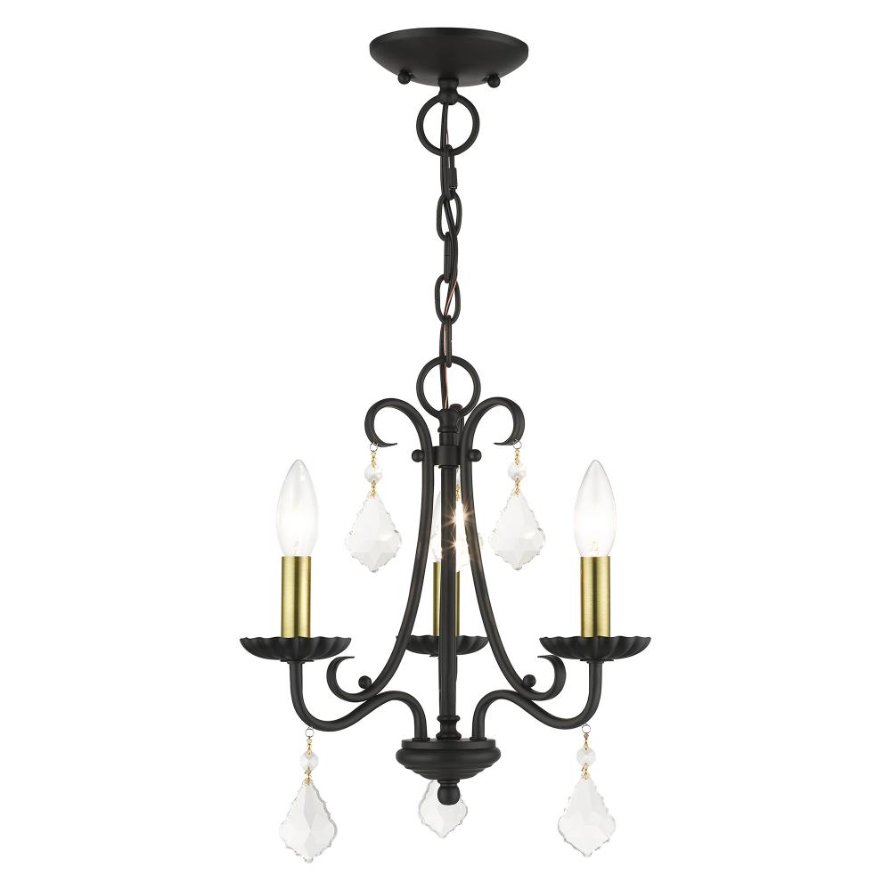 3 Light Black Mini Chandelier with Antique Brass Finish Accents and Clear Crystals