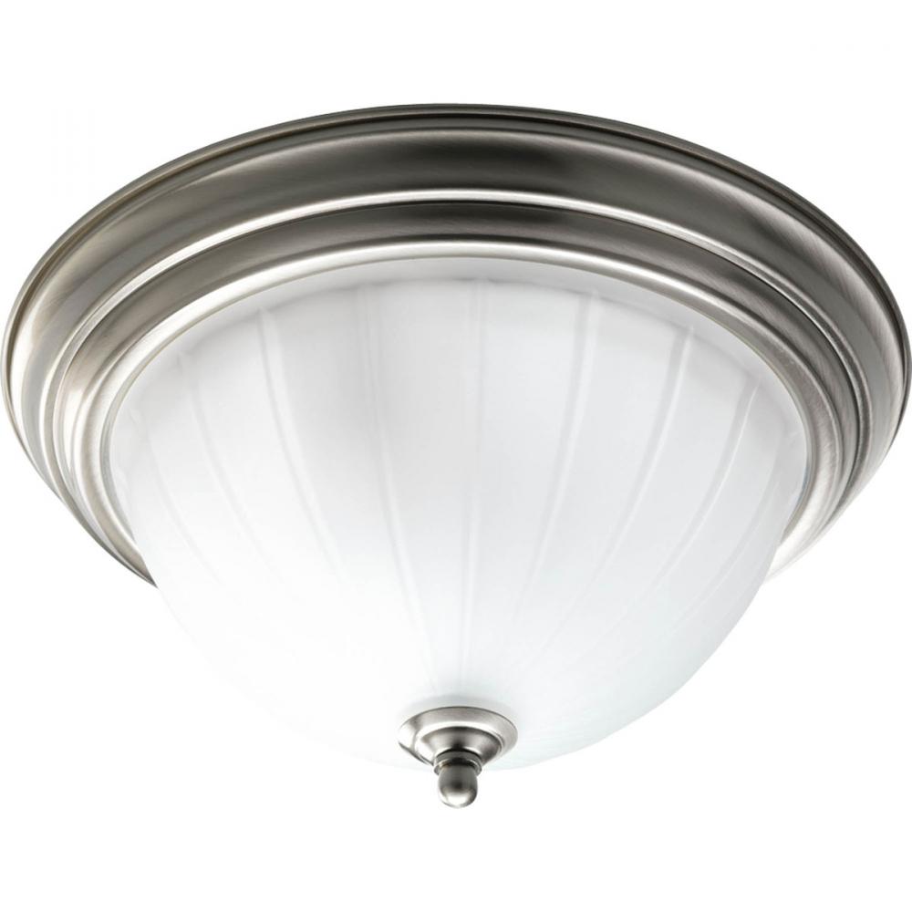 Two Light Brushed Nickel Etched Ribbed Glass Bowl Flush Mount