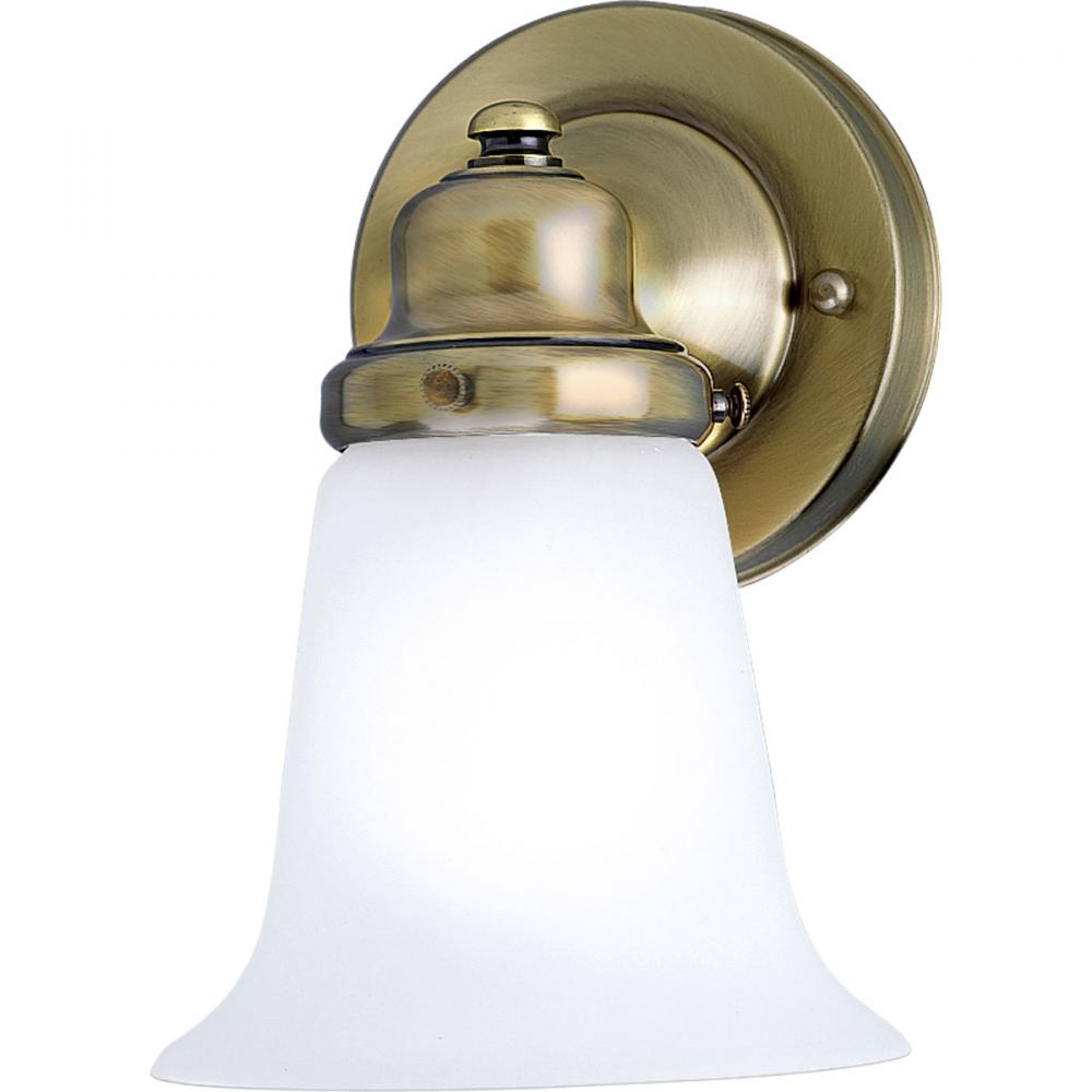 One Light Antique Brass White Glass Bathroom Sconce