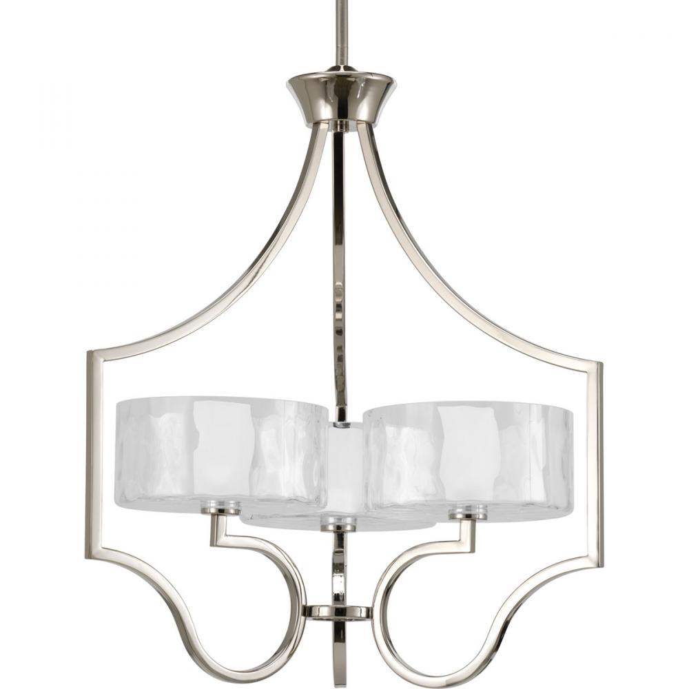 Caress Collection Three-Light Polished Nickel Clear Water Glass Luxe Chandelier Light