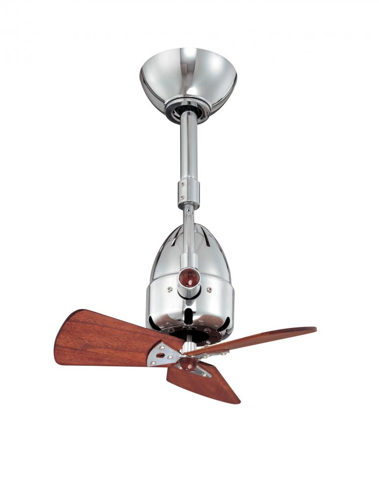 Diane oscillating ceiling fan in Polished Chrome finish with solid mahogany tone wood blades.