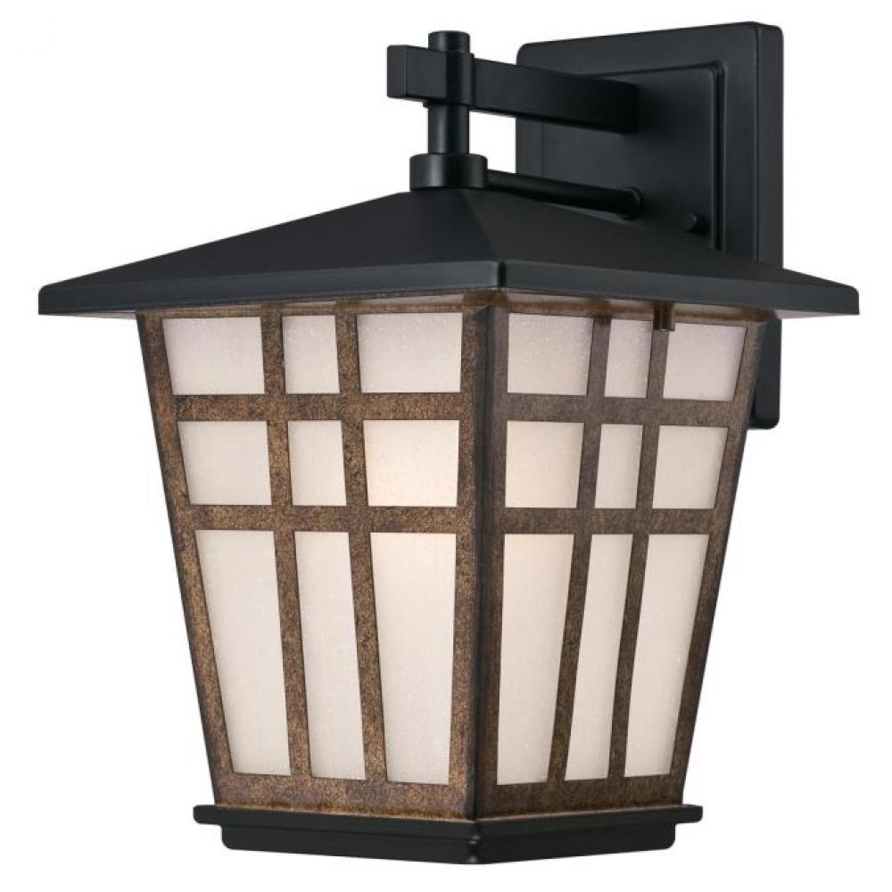 Wall Fixture Matte Black Finish with Barnwood Accents Frosted Seeded Glass