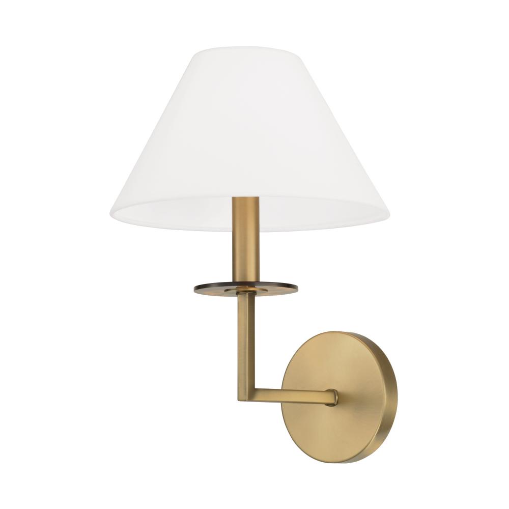 1-Light Sconce in Aged Brass with White Fabric Stay-Straight Shade