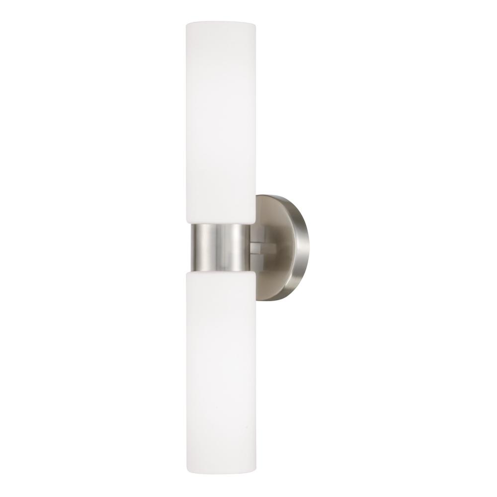 2-Light Dual Linear Sconce Bath Bar in Brushed Nickel with Soft White Glass