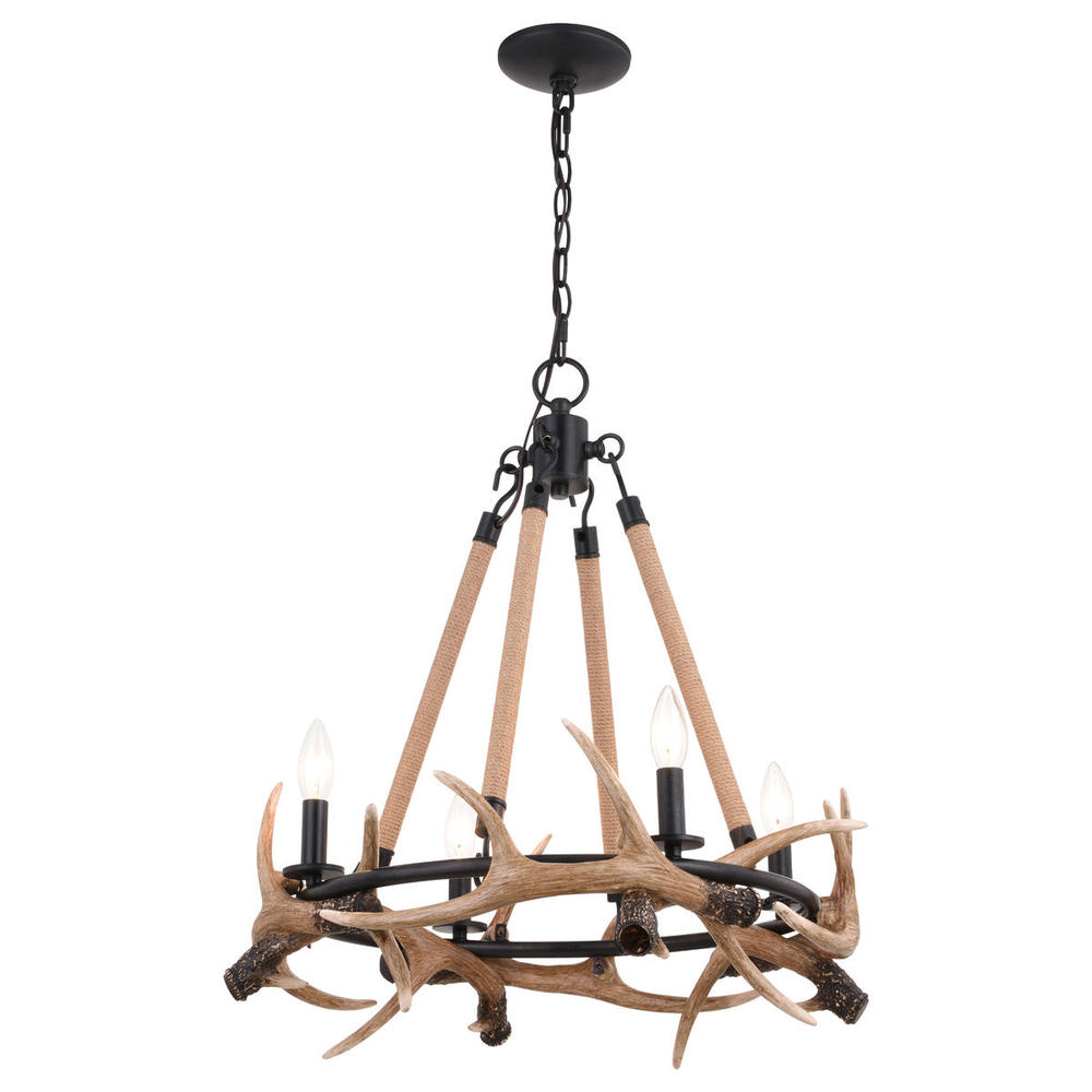 Breckenridge 23.25-in. 4 Light Antler Chandelier Aged Iron with Natural Rope