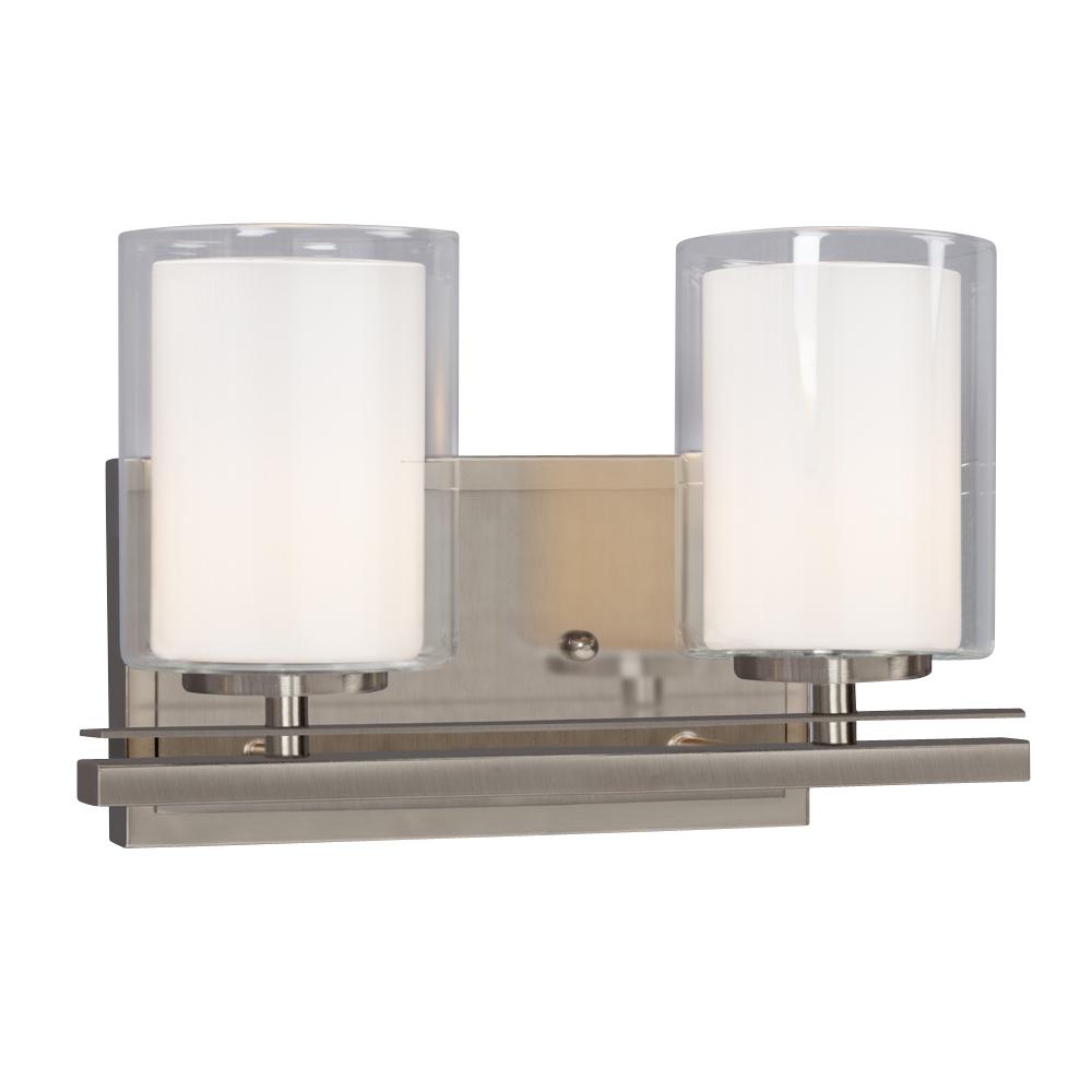 2-Light Vanity in Brushed Nickel with Satin White Inner Glass & Clear Outer Glass