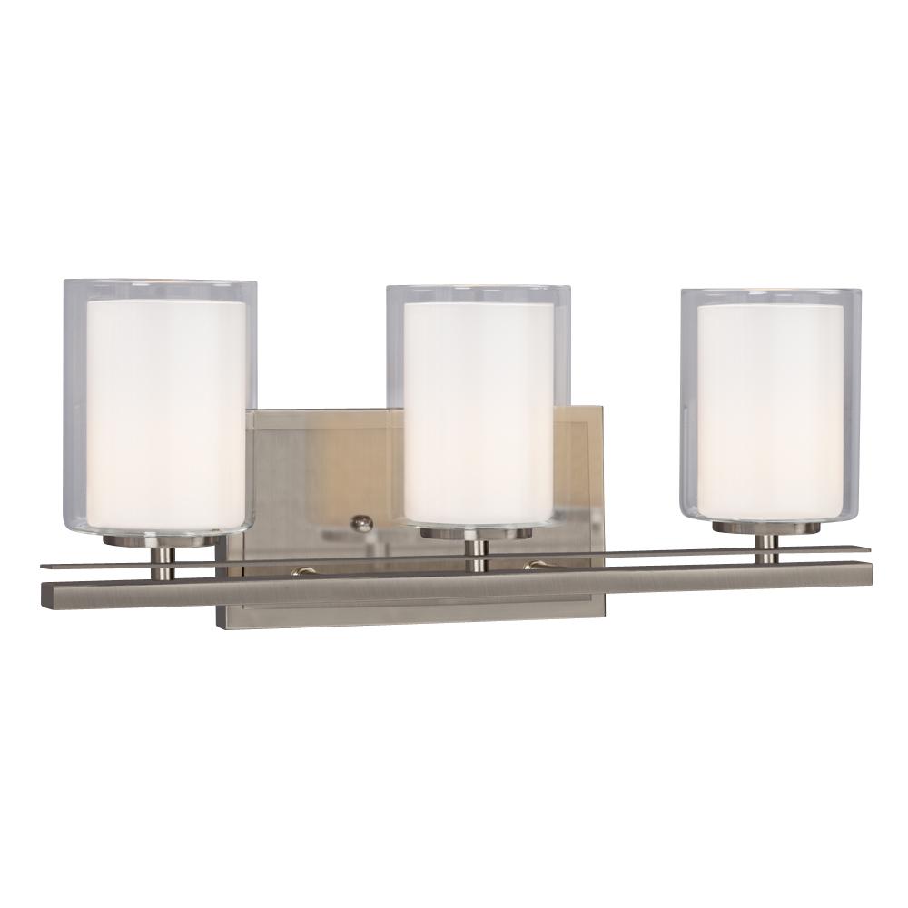 3-Light Vanity in Brushed Nickel with Satin White Inner Glass & Clear Outer Glass