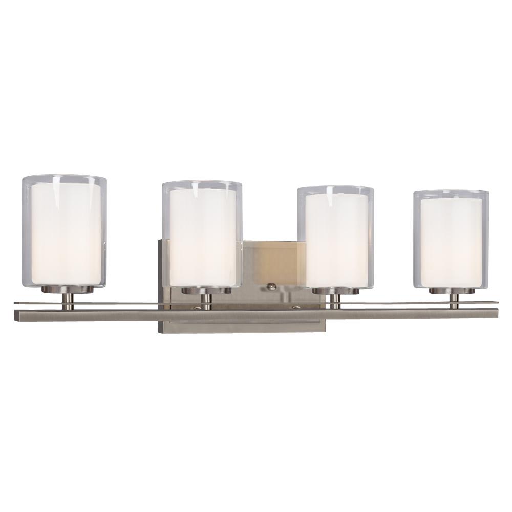 4-Light Vanity in Brushed Nickel with Satin White Inner Glass & Clear Outer Glass
