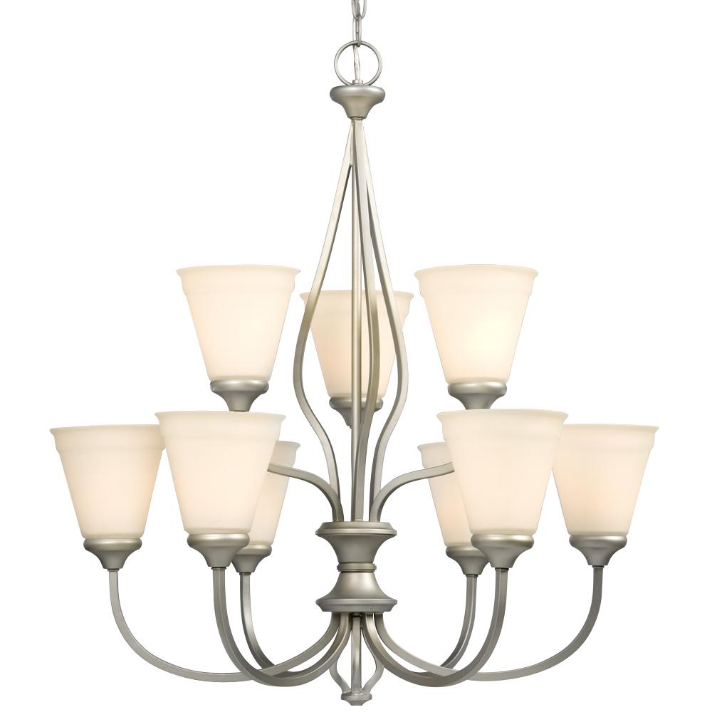 Nine Light Chandelier - Pewter with Satin White Glass