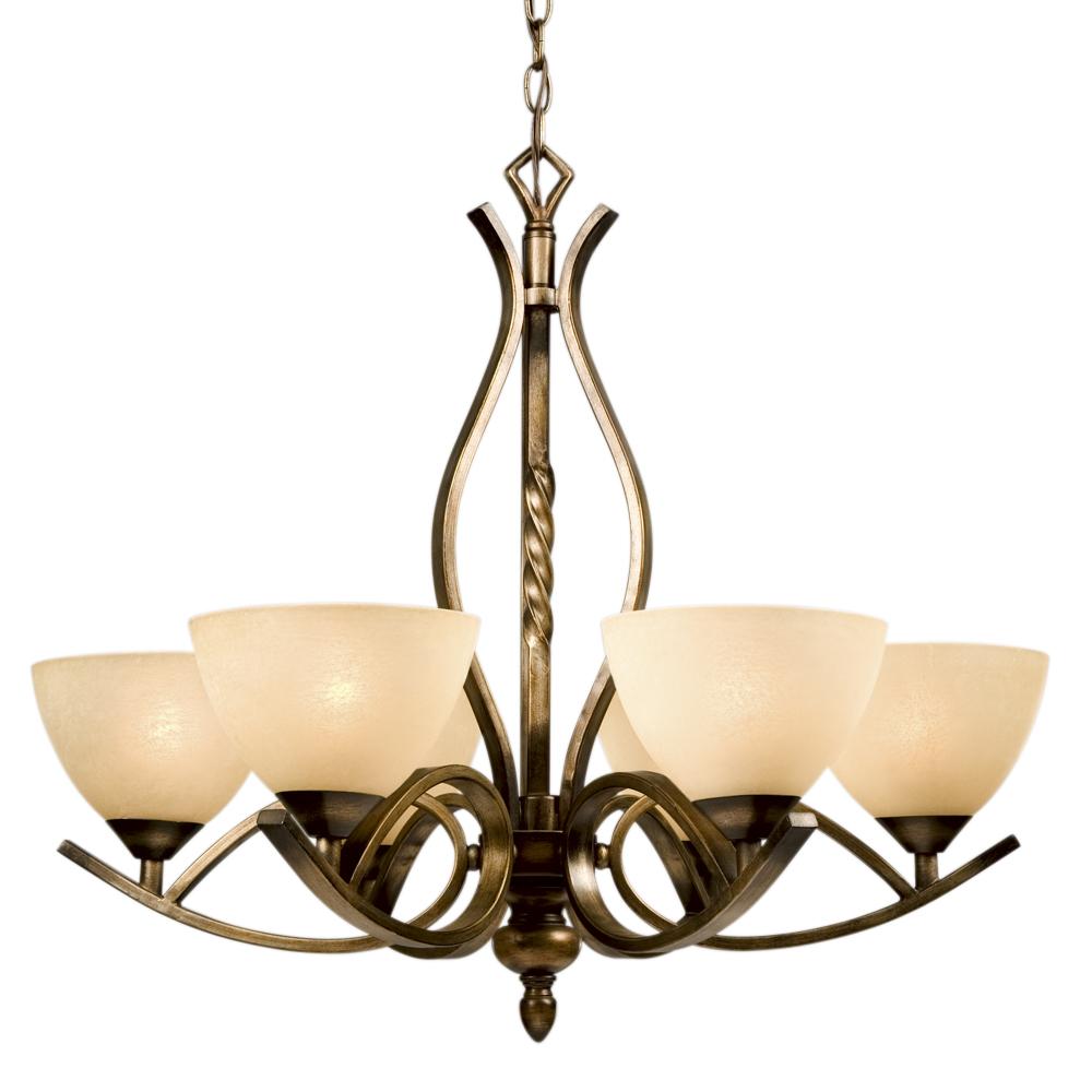 Six Light Chandelier - Sepia with Tea Stain Glass