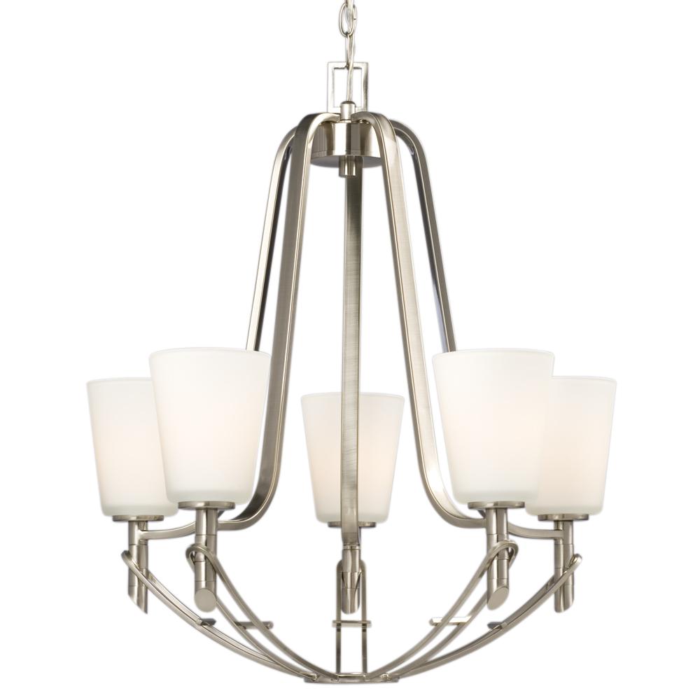 Five Light Chandelier - Brushed Nickel with Satin White Glass