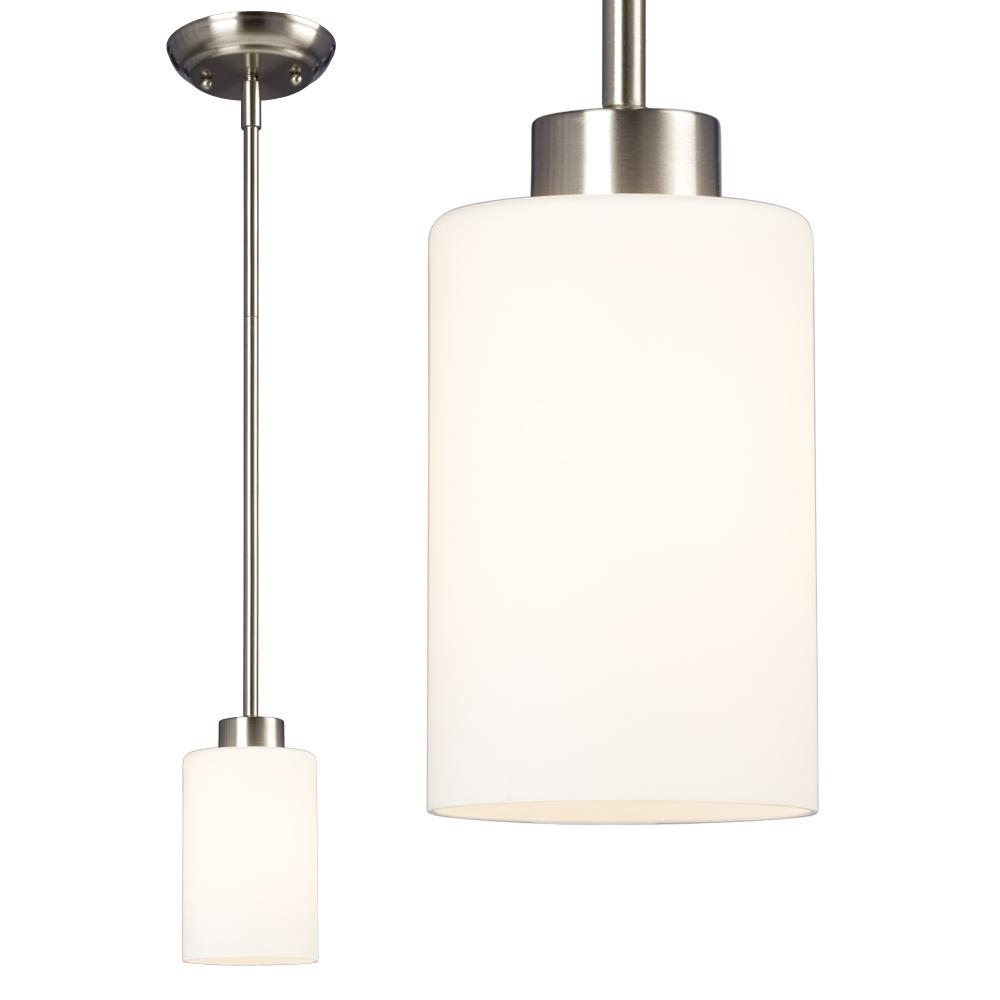 Mini-Pendant in Brushed Nickel with Satin White Glass (w 6",12" & 18" Extension Rods)