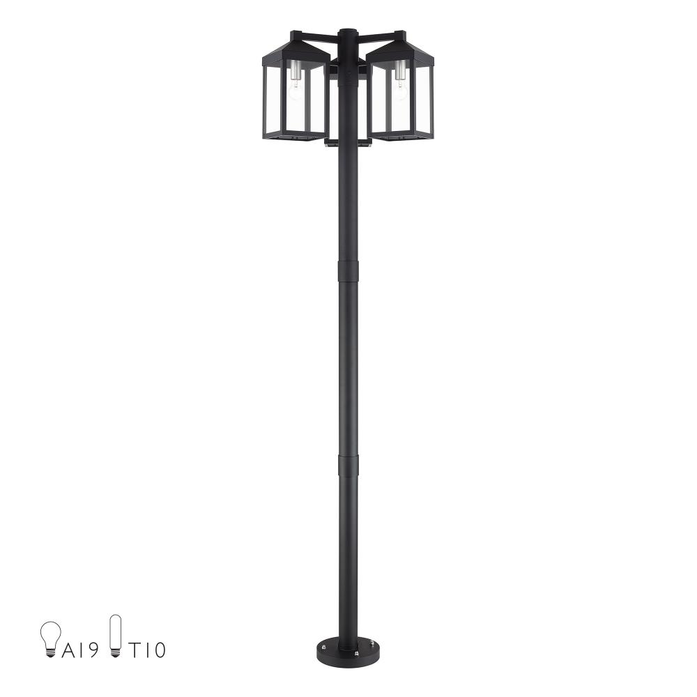 Multi Head Black Outdoor Post Light with Brushed Nickel Accents and Clear Glass
