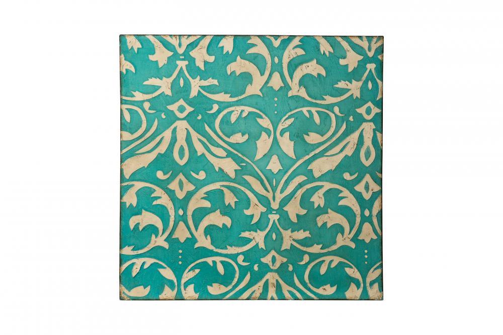 Teal Damask Trefoil Wall Art - Distressed Teal/Ivory