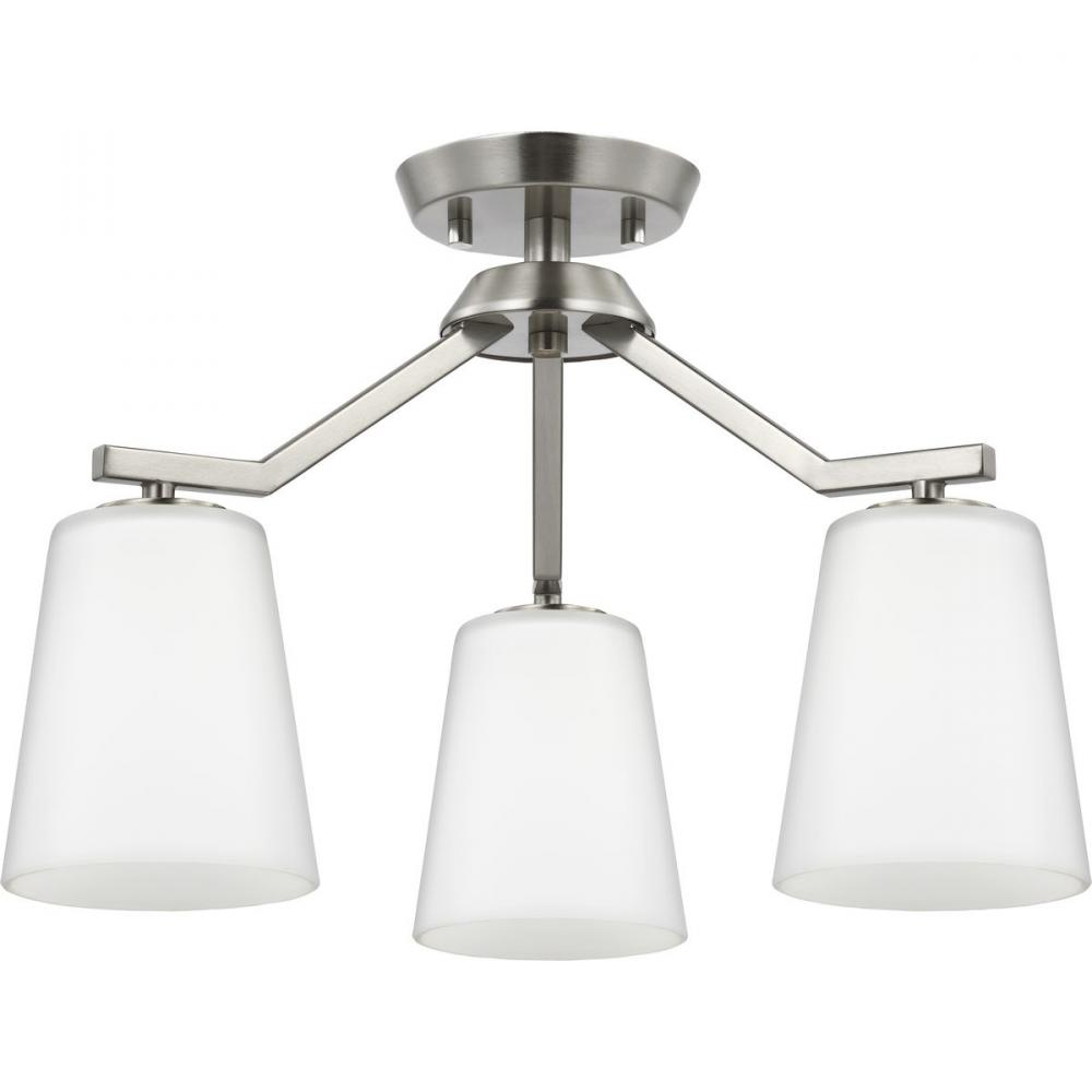 Vertex Collection Three-Light Brushed Nickel Etched White Contemporary Convertible Chandelier