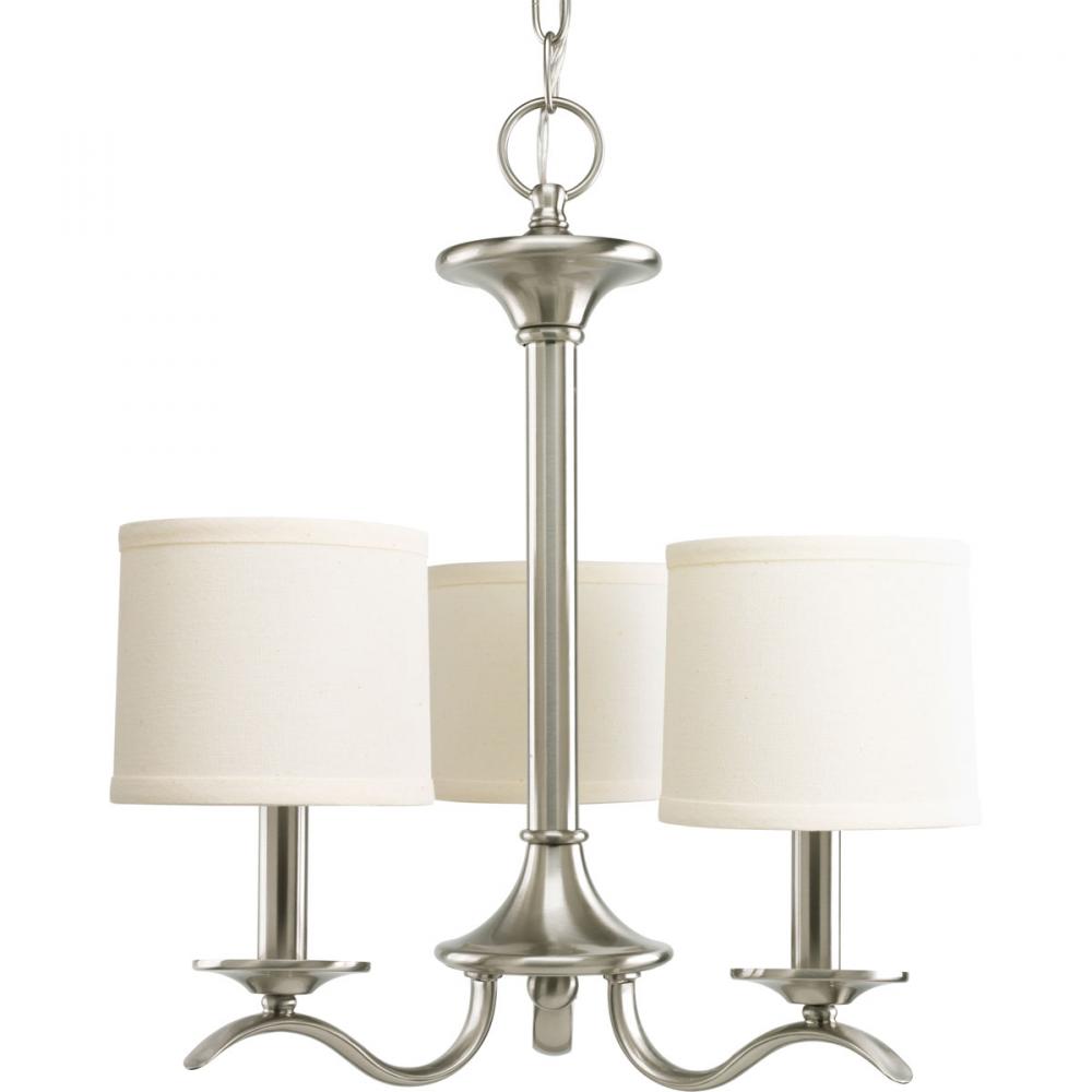 Inspire Collection Three-Light Brushed Nickel Off-White Linen Shade Traditional Chandelier Light