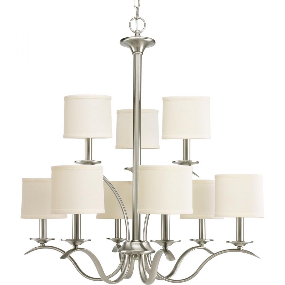 Inspire Collection Nine-Light Brushed Nickel Off-White Linen Shade Traditional Chandelier Light