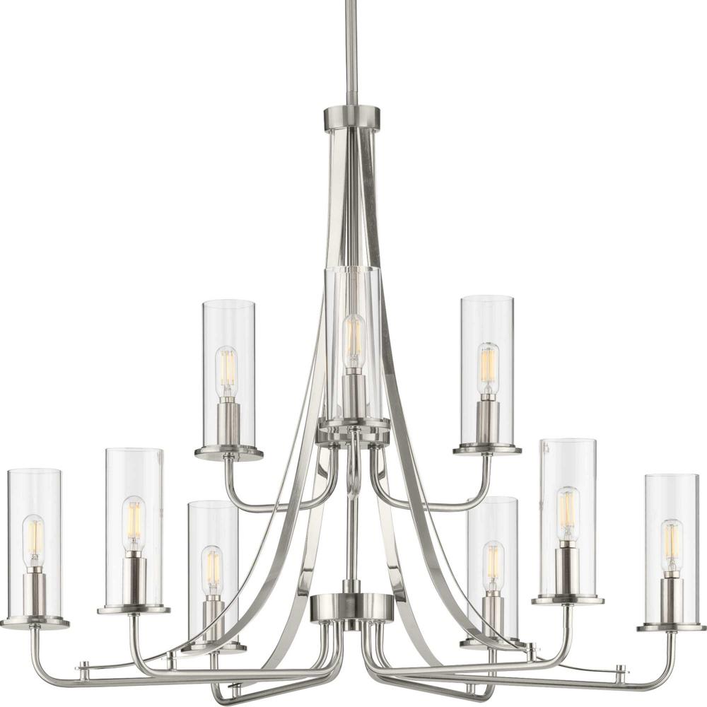 Riley Collection Nine-Light Brushed Nickel Clear Glass New Traditional Chandelier Light