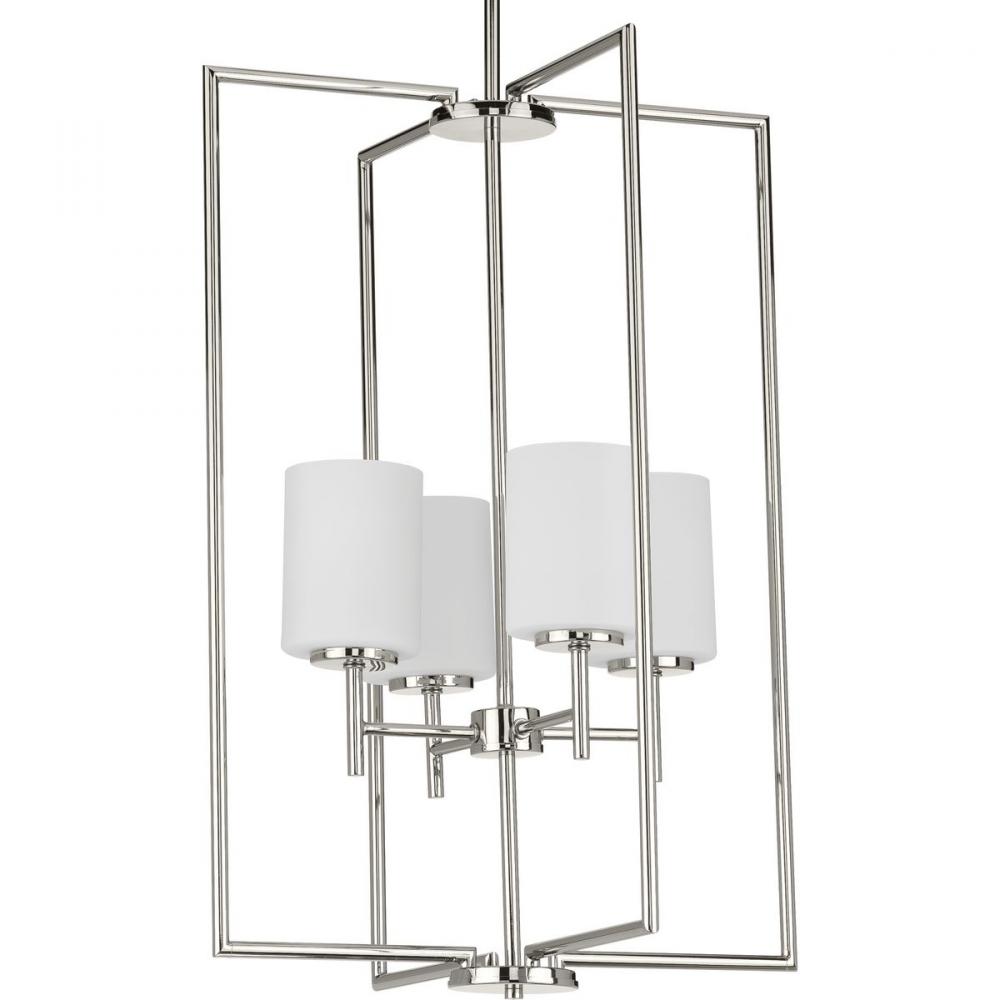 Replay Collection Four-Light Polished Nickel Etched White Glass Modern Pendant Light