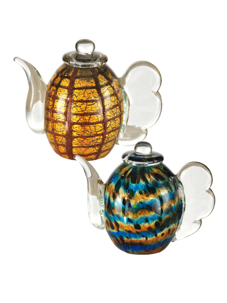 2-Piece Inferno Hand Blown Art Glass Tea Pot Sculpture