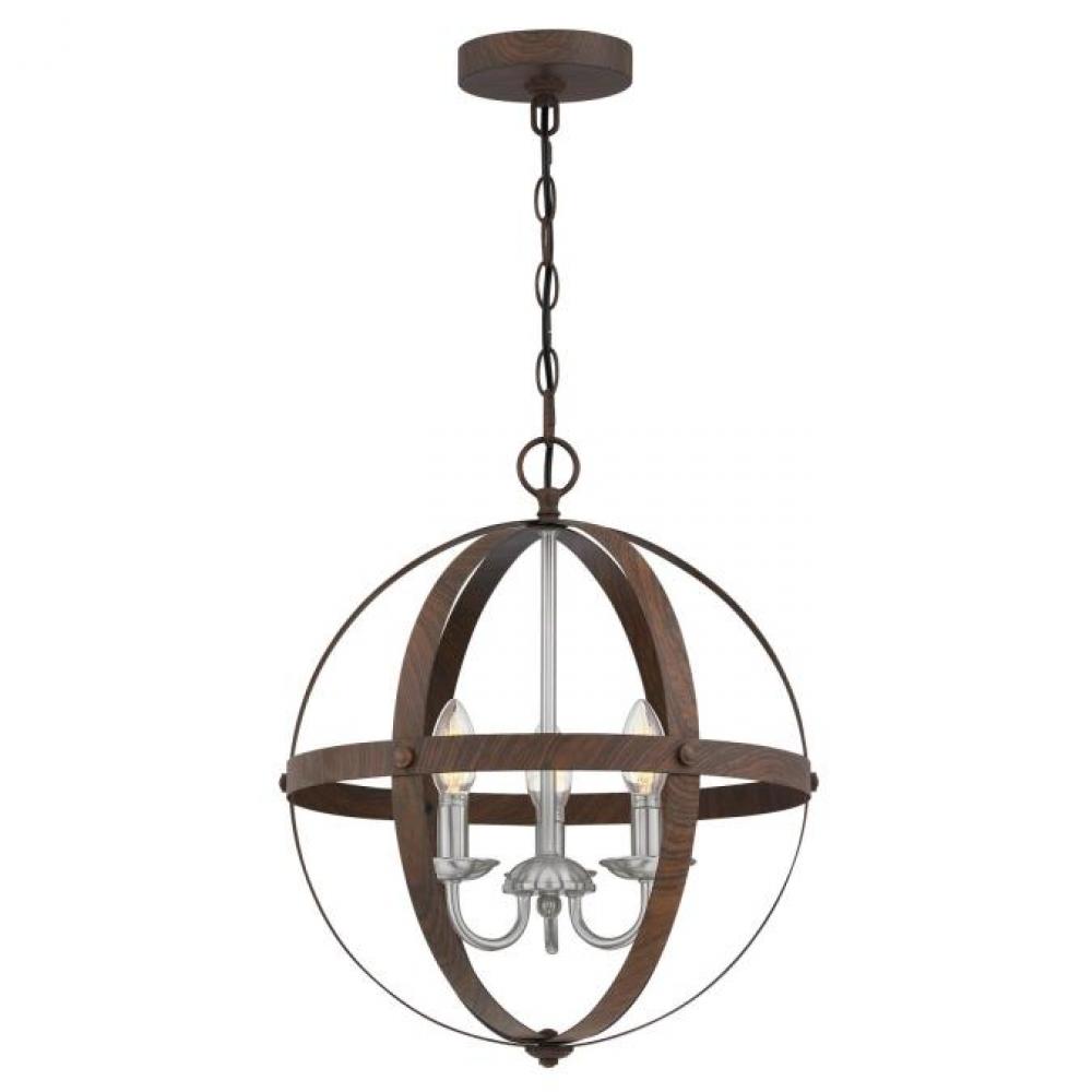 3 Light Chandelier Walnut Finish with Brushed Nickel Accents