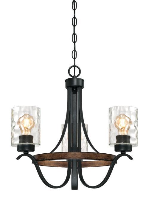 3 Light Chandelier Textured Iron and Barnwood Finish Clear Hammered Glass