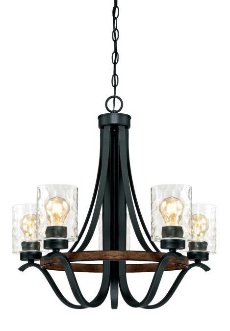 5 Light Chandelier Textured Iron and Barnwood Finish Clear Hammered Glass