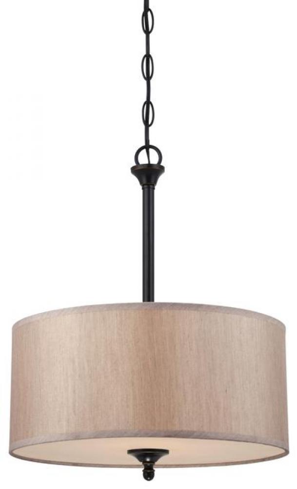 2 Light Pendant/Semi-Flush Amber Bronze Finish with Beige Fabric Shade and Frosted Glass Panel