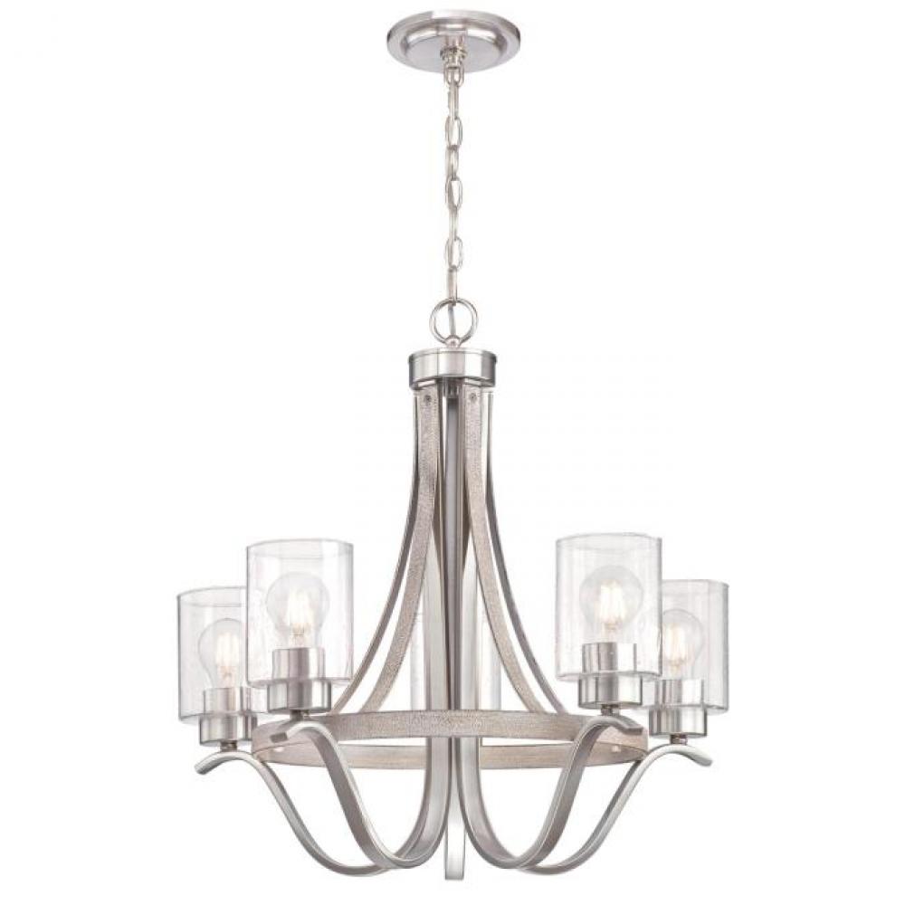 5 Light Chandelier Antique Ash and Brushed Nickel Finish Clear Seeded Glass