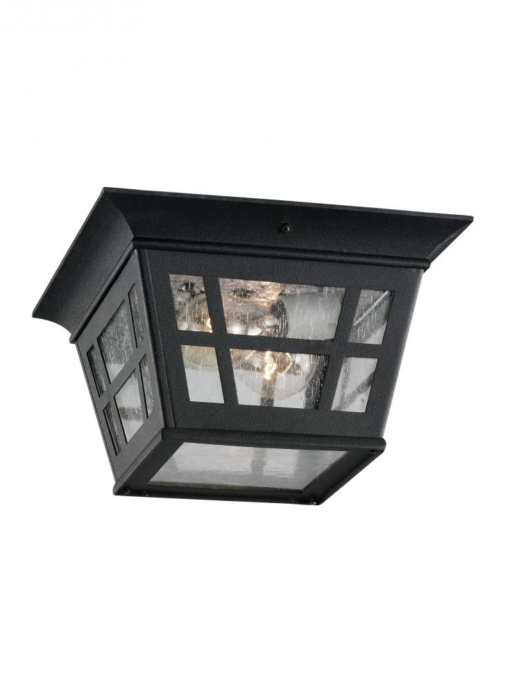 Herrington transitional 2-light outdoor exterior ceiling flush mount in black finish with clear seed