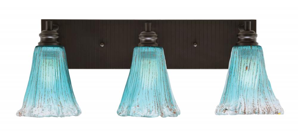 Edge 3 Light Bath Bar, Espresso Finish, 5.5" Fluted Teal Crystal Glass