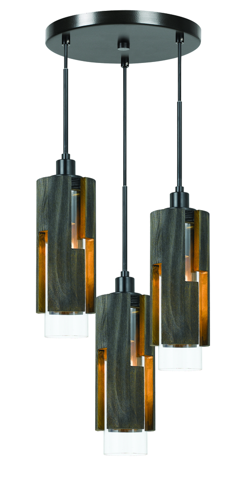 60W X 3 Reggio Wood Pendant Glass Fixture (Edison Bulbs Not included)