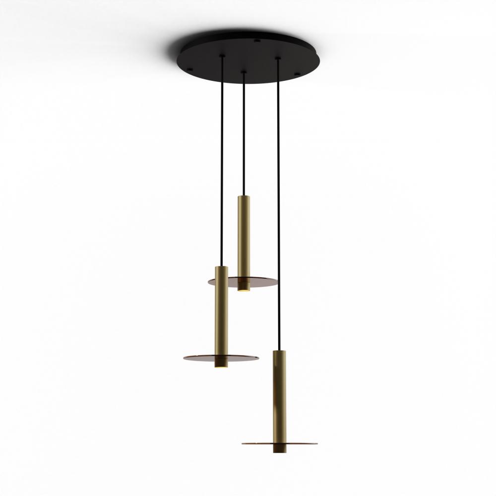 Combi Pendant 12" Circular 3 Combo Brass with Matte Black Canopy, 9" glass plate (Tea Brown)