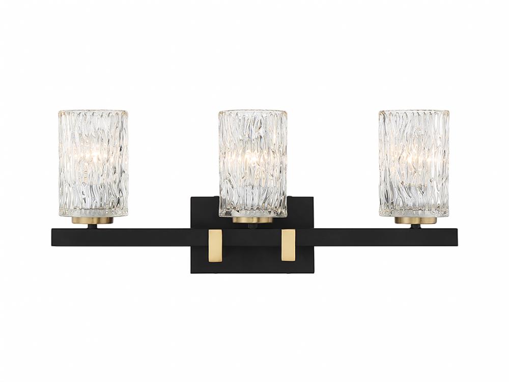 Keene 3-Light Bathroom Vanity Light in Matte Black with Warm Brass Accents