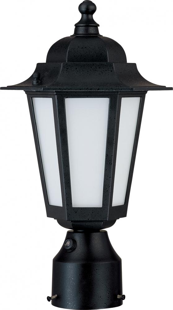 1-Light Outdoor Post Lantern with Photocell in Textured Black Finish and Frosted Glass. (1) 13W GU24