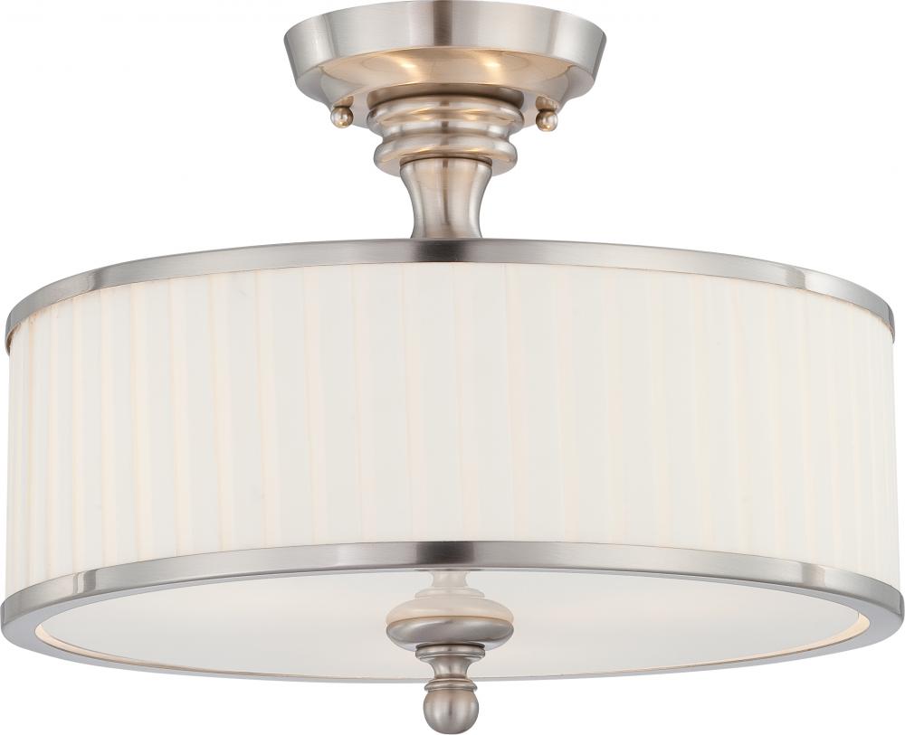 Candice - 3 Light Semi Flush with Pleated White Shade - Brushed Nickel Finish