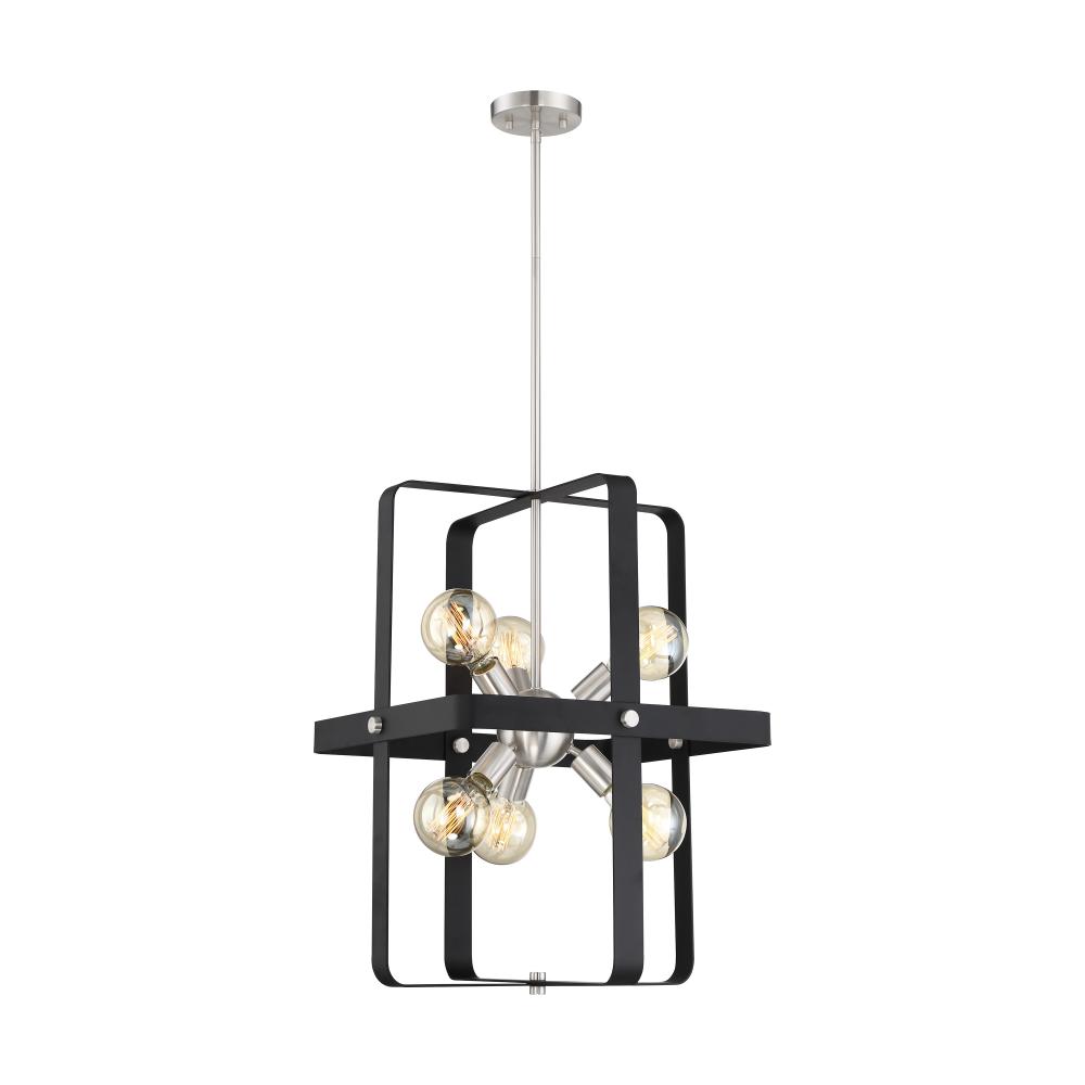 Prana - 6 Light Foyer Pendant - Matte Black Finish with Brushed Nickel Accents