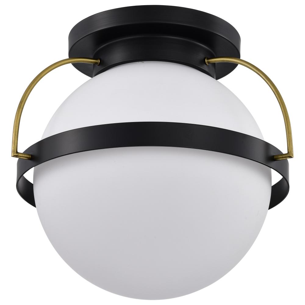 Lakeshore 1 Light Large Flush; Matte Black & Natural Brass Finish; White Opal Glass